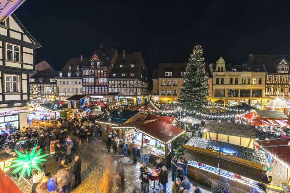 Christmas lighting on the streets of medieval town Quedlinburg