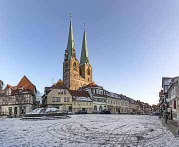 St. Nicolai church and old half timbered houses in Quedlinburg