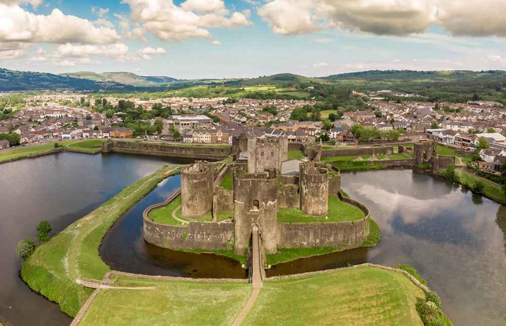 Aerial view of Caerphilly castle in summer, Wales