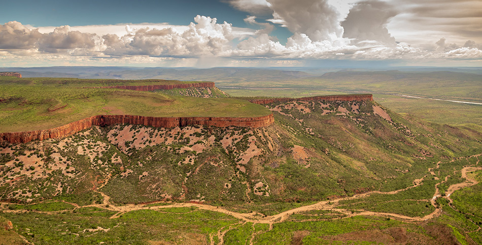 Wide angle aerial view of the iconic cliffs and high plateau of
