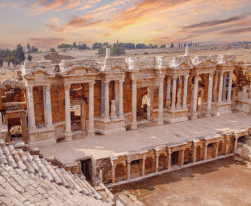 Amphitheater in Hierapolis ancient city in Pamukkale Turkey banner sunset