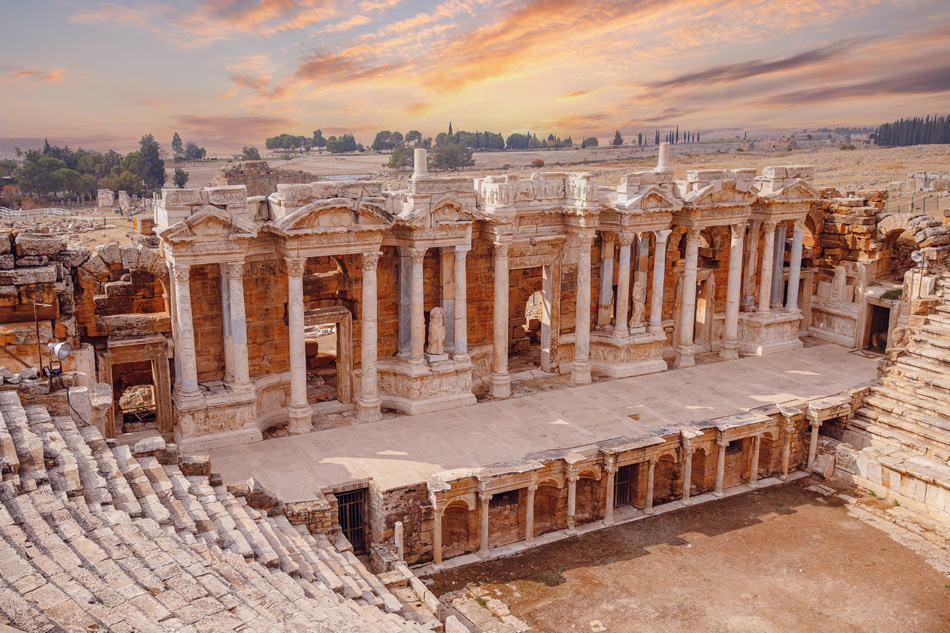 Amphitheater in Hierapolis ancient city in Pamukkale Turkey banner sunset