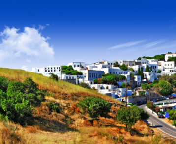 panorama of scenic Patmos island. view of Chora and windmills ,