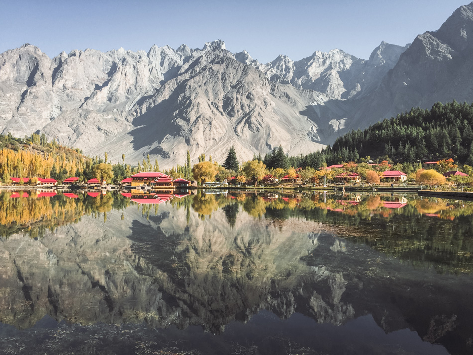 Landscape view of reflection in the water of lower Kachura lake