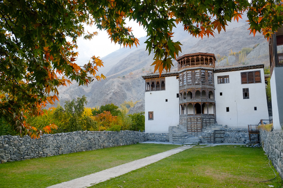 Facade and main entrance of ancient Khaplu palace in autumn, Gha