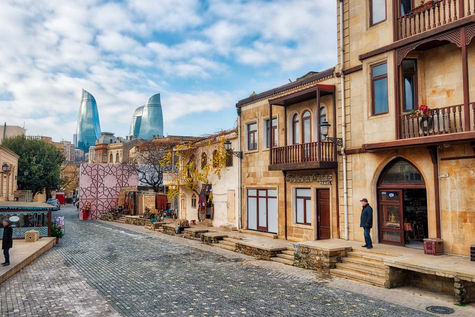 Baku Flame Towers and Old Town, Azerbaijan, taken in January 201