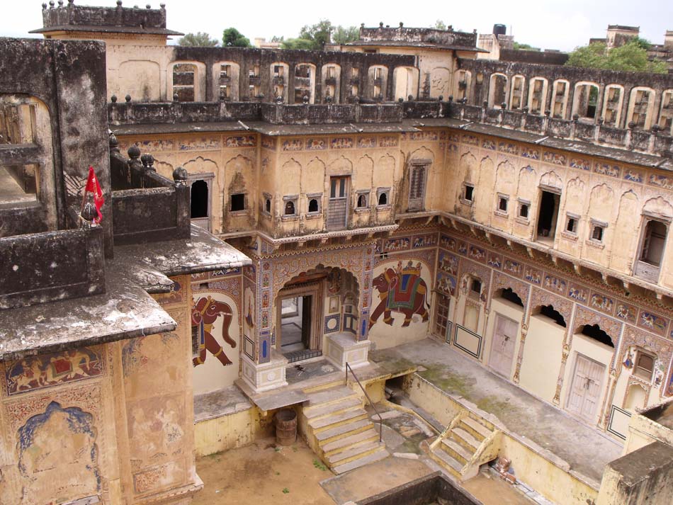 Mandawa, Rajasthan, India, August 11, 2011: Courtyard with drawi