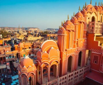 An aerial view on the street in front of the Hawa Mahal also kno