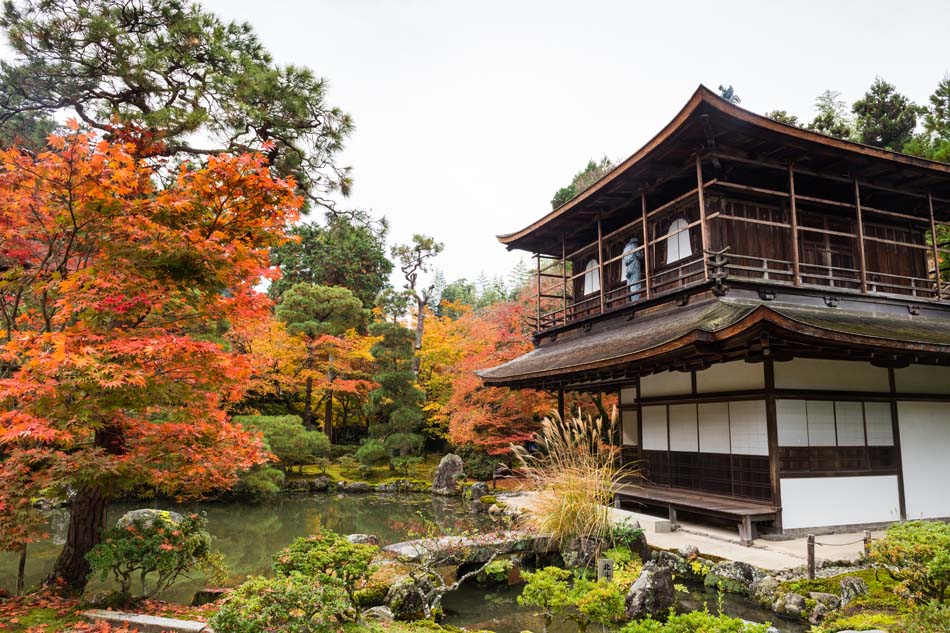 Silver Pavilion or Ginkakuji tower temple with autumn garden,Kyo