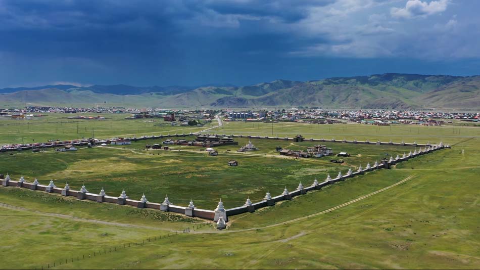 Aerial view of the Kharkhorin Erdene Zuu Monastery in Kharkhorin (Karakorum), Mongolia. Karakorum was the capital of the Mongol Empire between 1235 and 1260